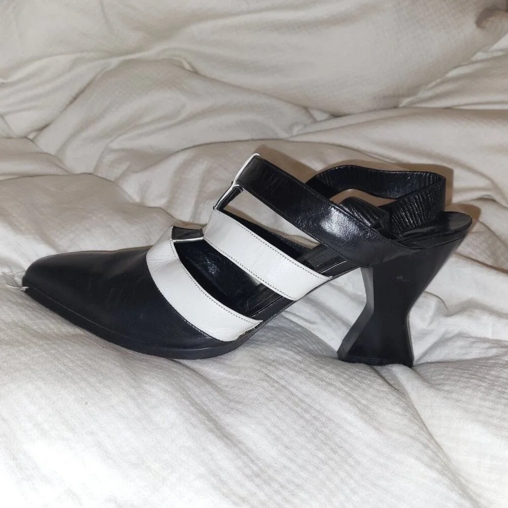 Vintage Karl Lagerfeld Black and White Strappy Slingback Heels - 7.5